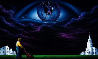 Man mowing a lawn at night in a suburban scene, with a white church on the right and a giant blue eye in the sky.