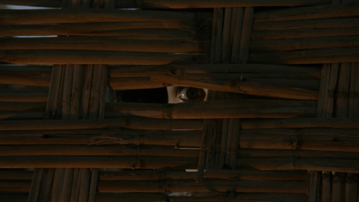 krwawyoboz1971 3 | film.org.pl An eye peers through a small gap in dark wooden lattice, creating a tense, hidden look.