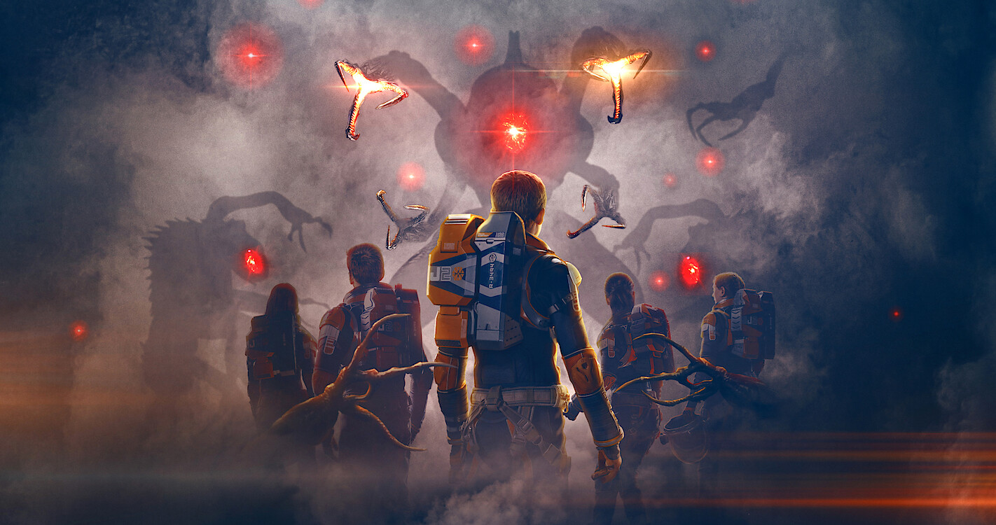 A team of astronauts in orange and blue suits stand in smoke, facing a red-glowing alien with tentacles and floating drones overhead.