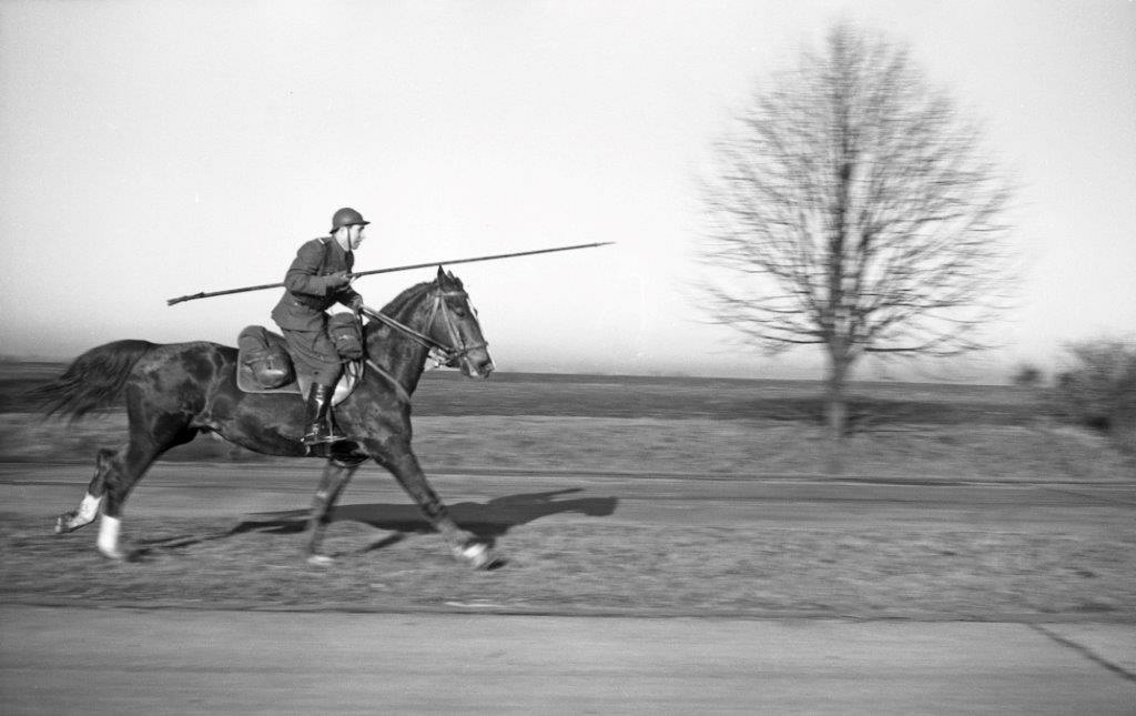 Mounted soldier on a galloping horse, helmeted, holding a long spear along a rural road.