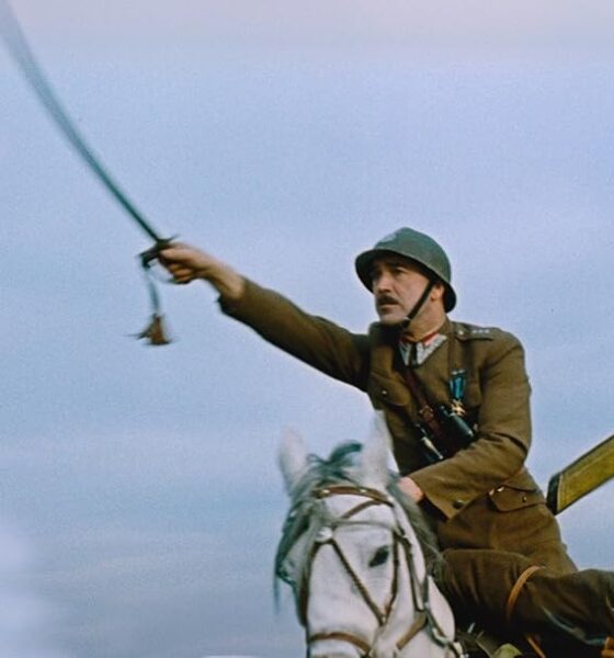 Soldier in a brown uniform riding a white horse, swinging a saber against a pale blue sky.