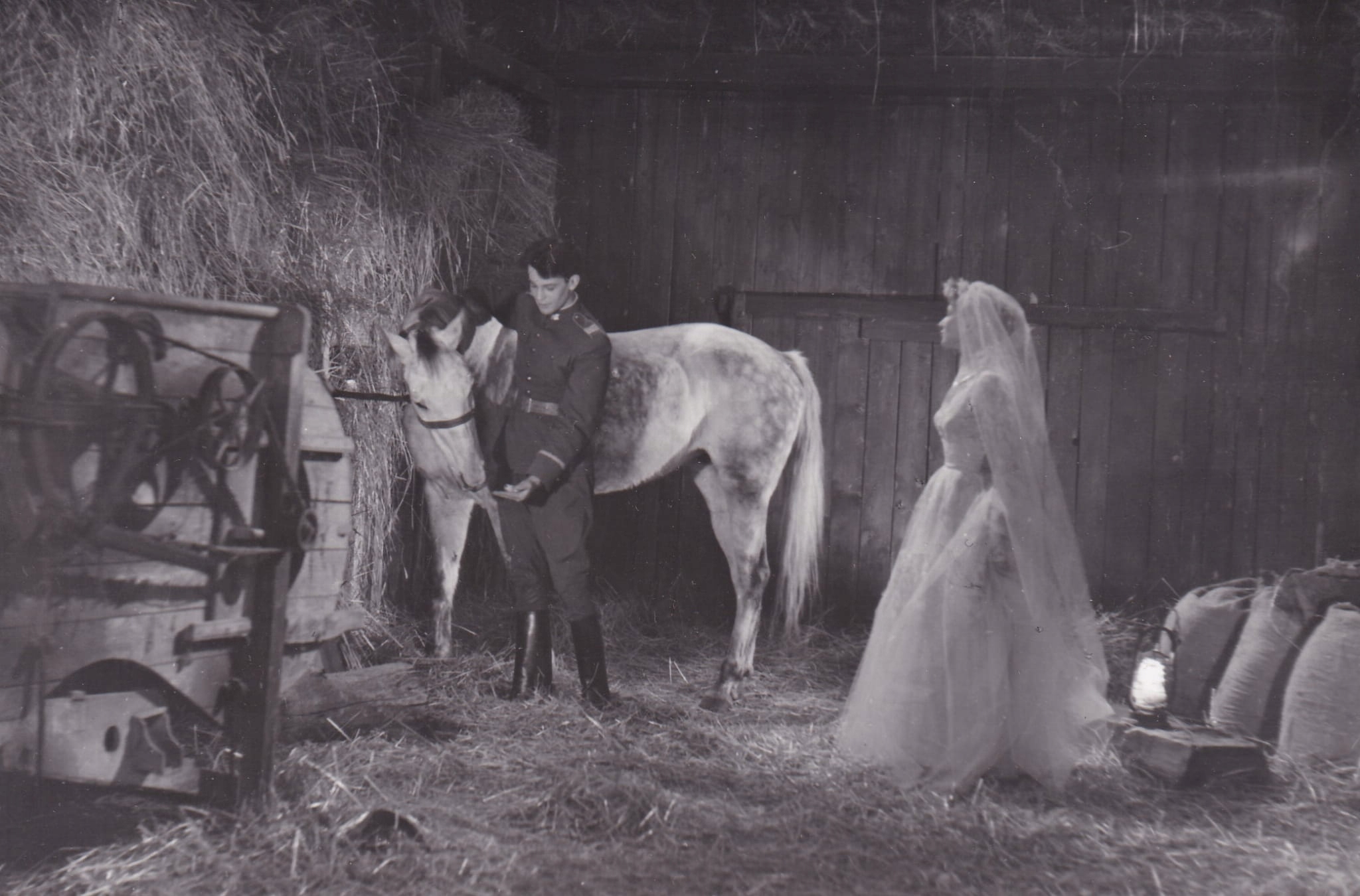 A man in a uniform beside a light horse, with a woman in a wedding veil approaching in a barnyard setting with haystacks and a wooden wall behind.