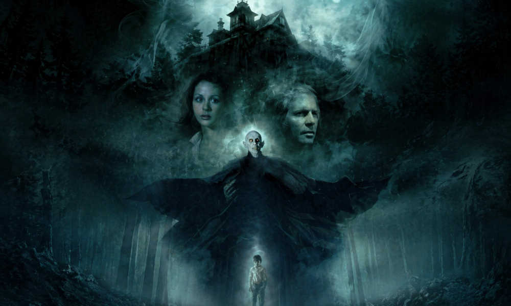 Teal-hued horror poster: a lone boy in fog at the forest base, with a looming castle and eerie figures emerging above him.