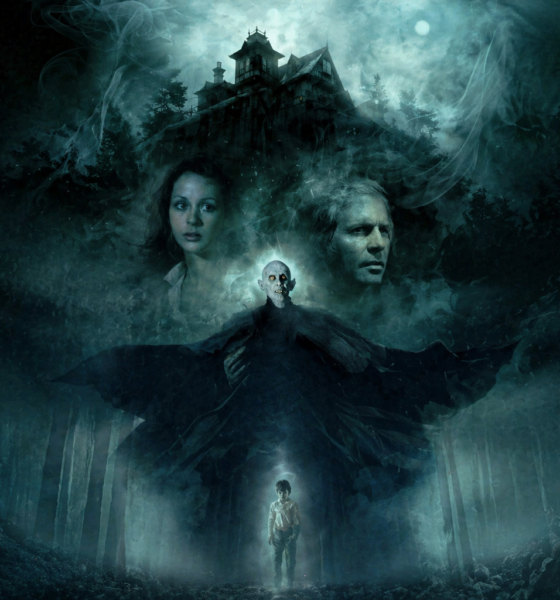 Teal-hued horror poster: a lone boy in fog at the forest base, with a looming castle and eerie figures emerging above him.