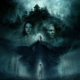 Teal-hued horror poster: a lone boy in fog at the forest base, with a looming castle and eerie figures emerging above him.