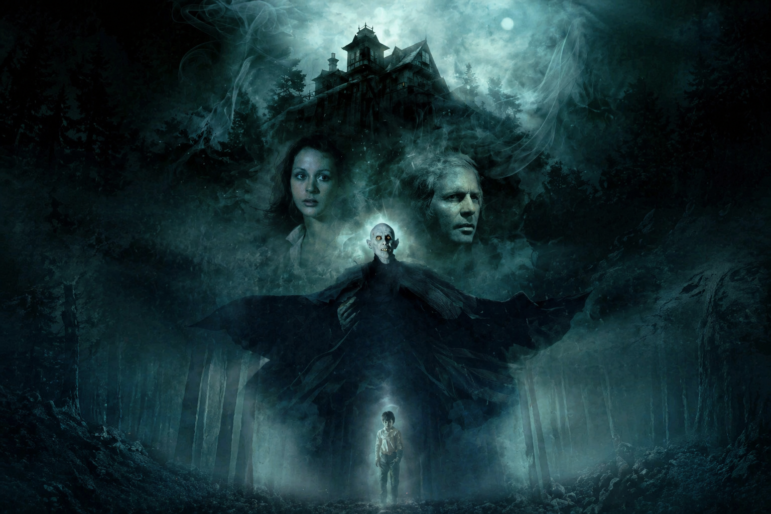 Teal-hued horror poster: a lone boy in fog at the forest base, with a looming castle and eerie figures emerging above him.