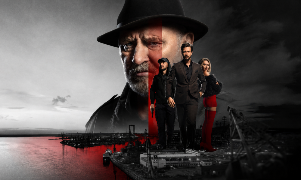 Dramatic poster: a stern man in a black fedora looms over three stylish allies at a harbor, with a red vertical stripe highlight behind them ready for a thriller.