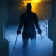 Silhouetted figure in tactical gear with chains in each hand walks through a blue-lit industrial corridor.