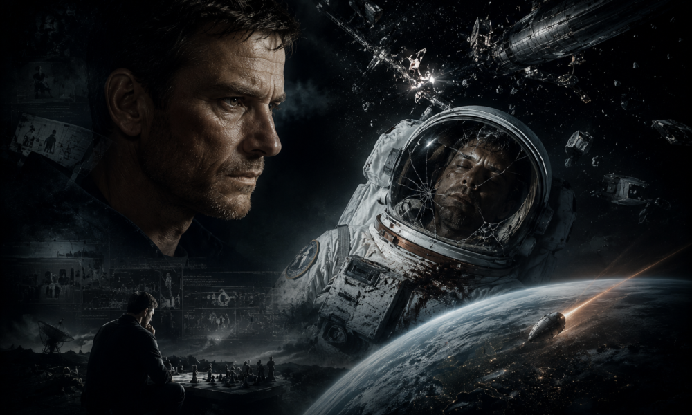 Close-up profile of a determined man beside a cracked astronaut helmet in a space disaster scene, with debris and Earth in the background.