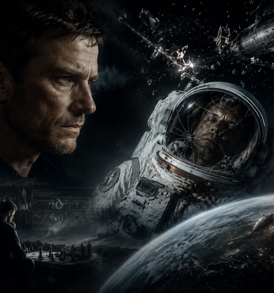 Close-up profile of a determined man beside a cracked astronaut helmet in a space disaster scene, with debris and Earth in the background.