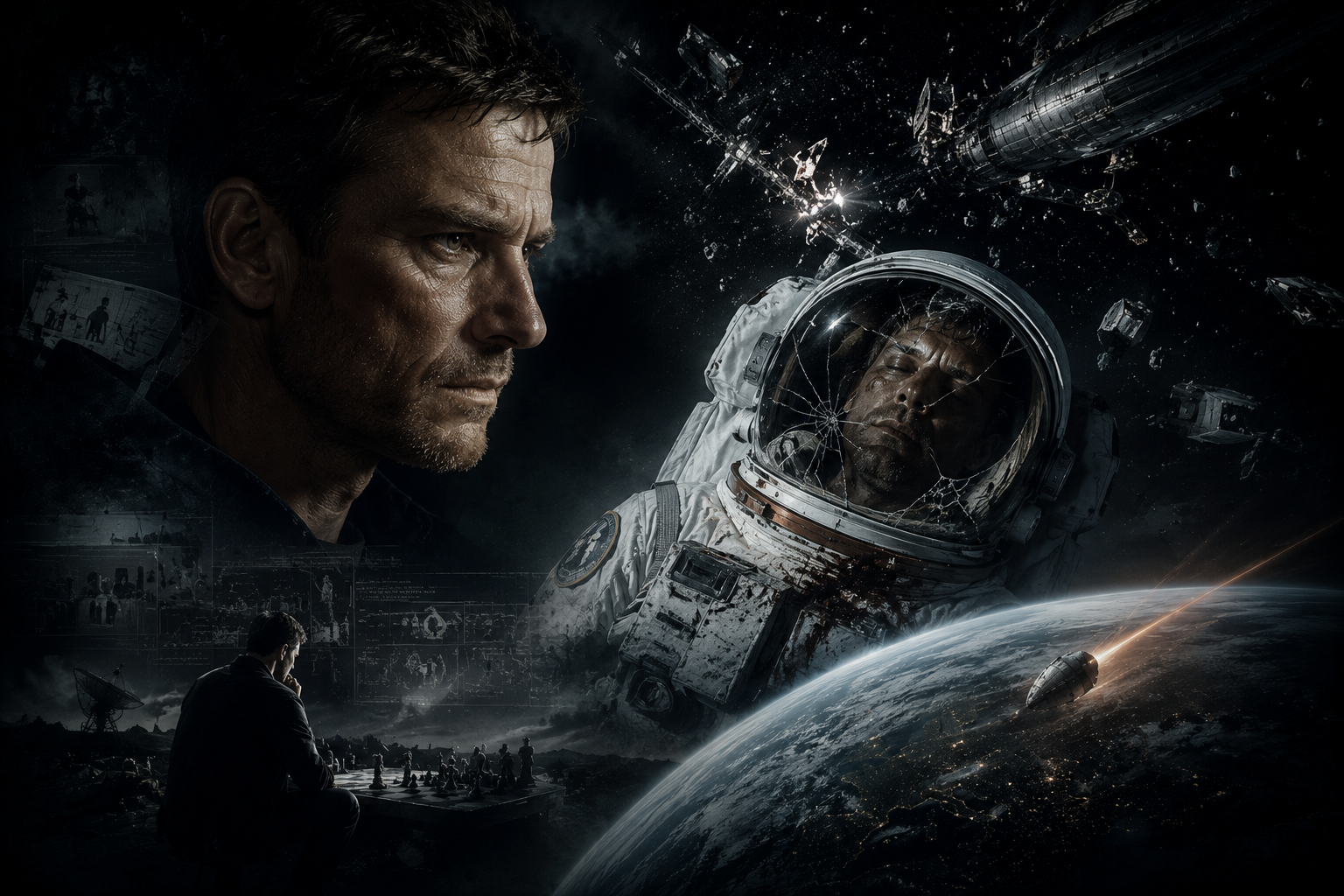 Close-up profile of a determined man beside a cracked astronaut helmet in a space disaster scene, with debris and Earth in the background.