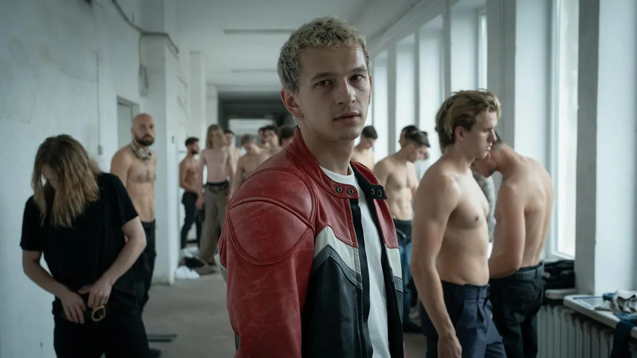 proud | film.org.pl Model wearing a red and black leather jacket stands in a bright hallway, looking at the camera, with shirtless men lined up in the background.