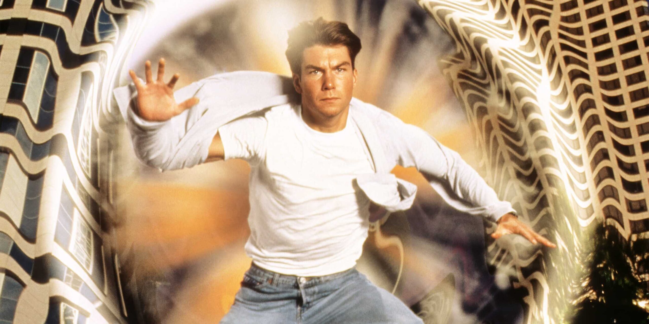 Man wearing a white shirt runs toward the camera through a swirling, abstract tunnel pattern in the background.