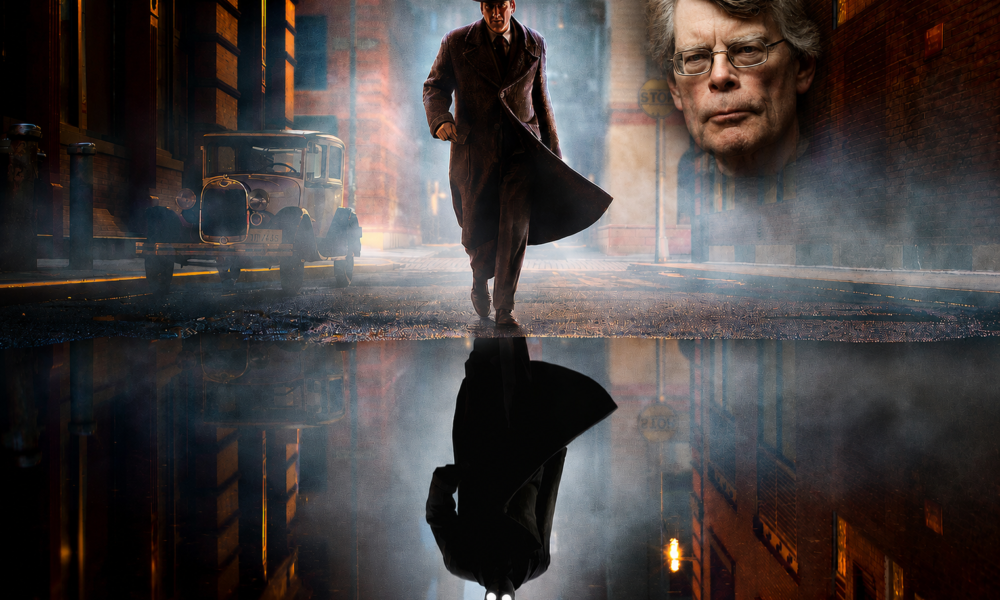 Noir city street at night: a detective in a trench coat and fedora walks toward you; a ghostly man’s face fades on the right, with a vintage car on the left and a wet street reflection below.