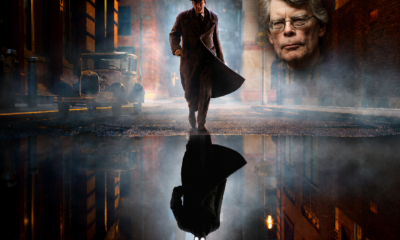 Noir city street at night: a detective in a trench coat and fedora walks toward you; a ghostly man’s face fades on the right, with a vintage car on the left and a wet street reflection below.