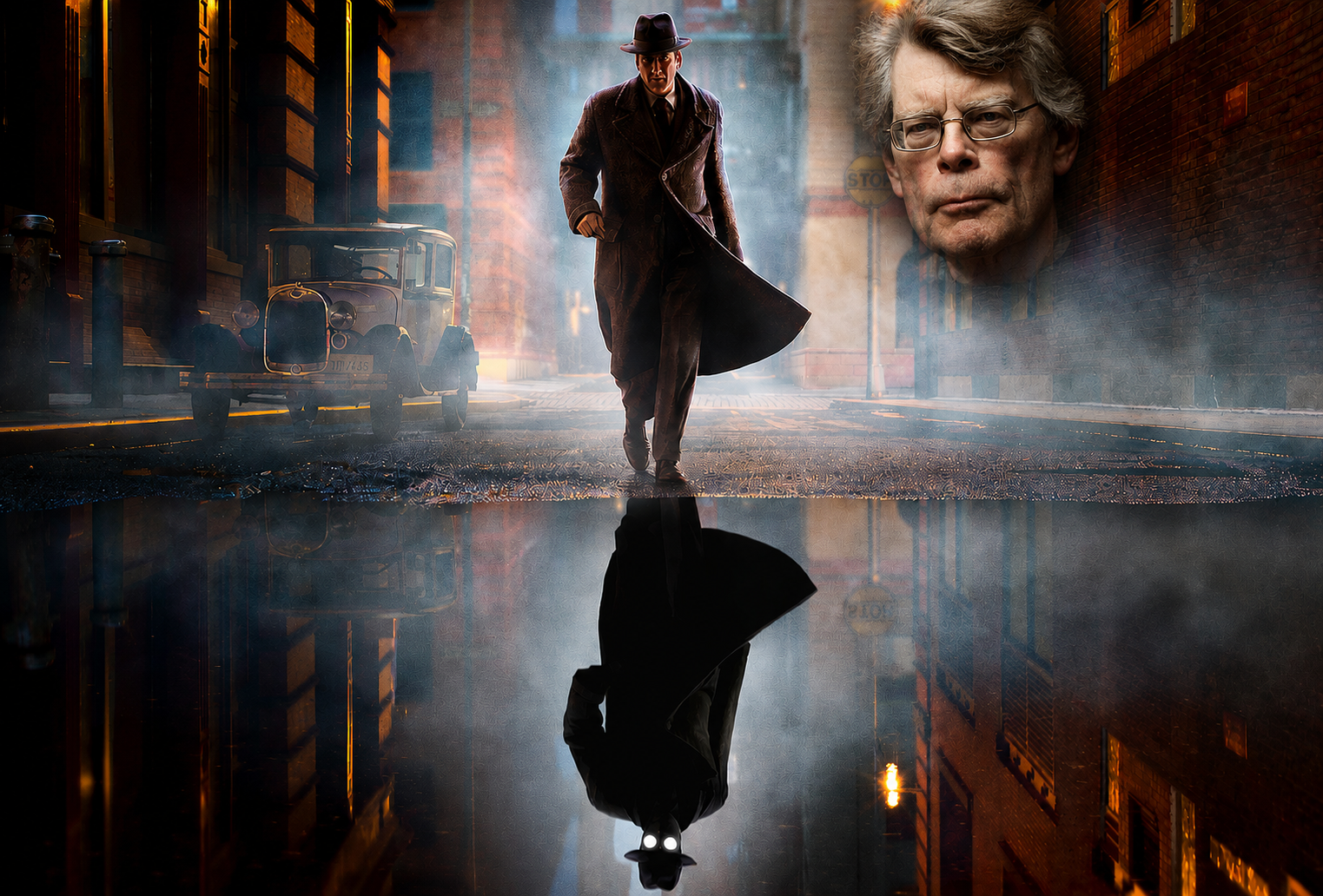 Noir city street at night: a detective in a trench coat and fedora walks toward you; a ghostly man’s face fades on the right, with a vintage car on the left and a wet street reflection below.
