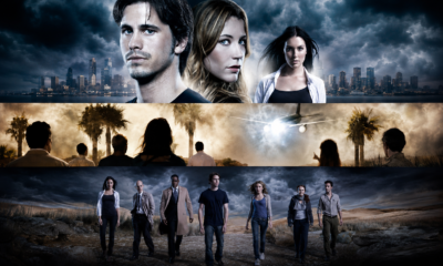 Hero banner with three characters against a city skyline, middle panel shows a desert scene with onlookers and a plane, bottom panel features a diverse group walking across a desert landscape under a stormy sky.