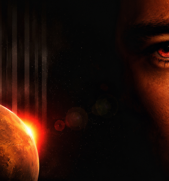 Sci-fi image: close-up of a man's face on the right with a red eye, Mars at left with a bright sun glow in space backdrop.