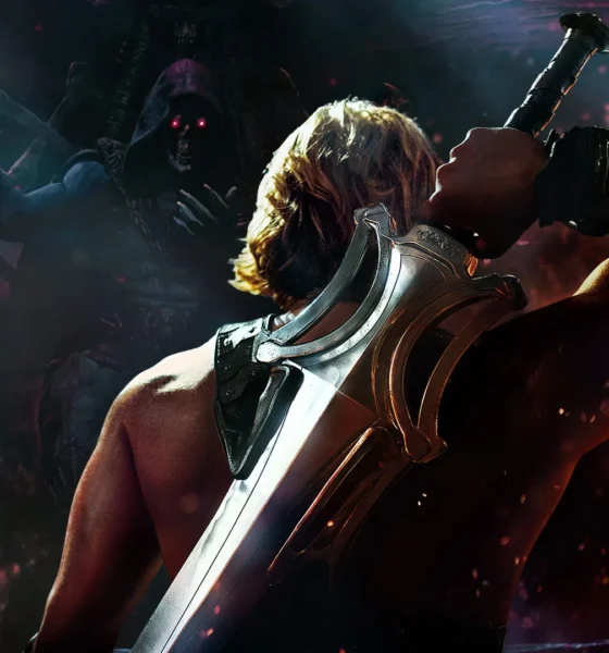 Muscular warrior with a large ornate sword twists back, facing a shadowy demon with glowing red eyes in a smoky, dark scene.