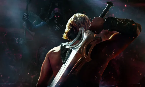 Muscular warrior with a large ornate sword twists back, facing a shadowy demon with glowing red eyes in a smoky, dark scene.
