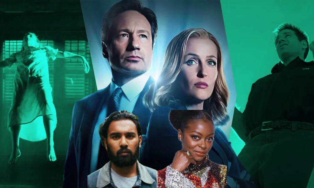 Promo collage for a drama or show featuring an ensemble cast: central man in a suit and a woman beside him, with two other foreground actors and green-tinged background scenes.