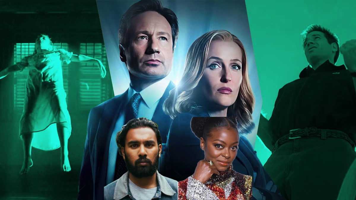 Promo collage for a drama or show featuring an ensemble cast: central man in a suit and a woman beside him, with two other foreground actors and green-tinged background scenes.