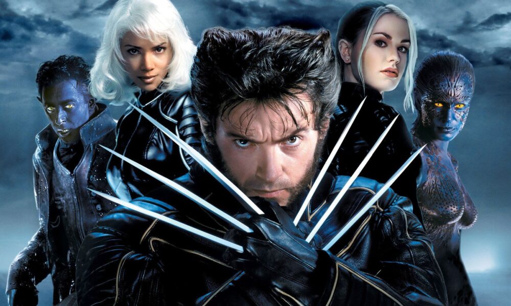 Wolverine in the foreground with metal claws extended, flanked by Mystique and another blue-skinned mutants against a stormy sky.