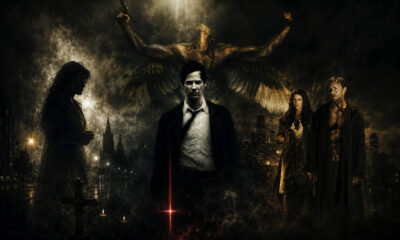 Dramatic urban fantasy scene: four people stand in a dark, smoky cityscape beneath a giant winged figure, with a central man in a white shirt and black coat and candles in the foreground.