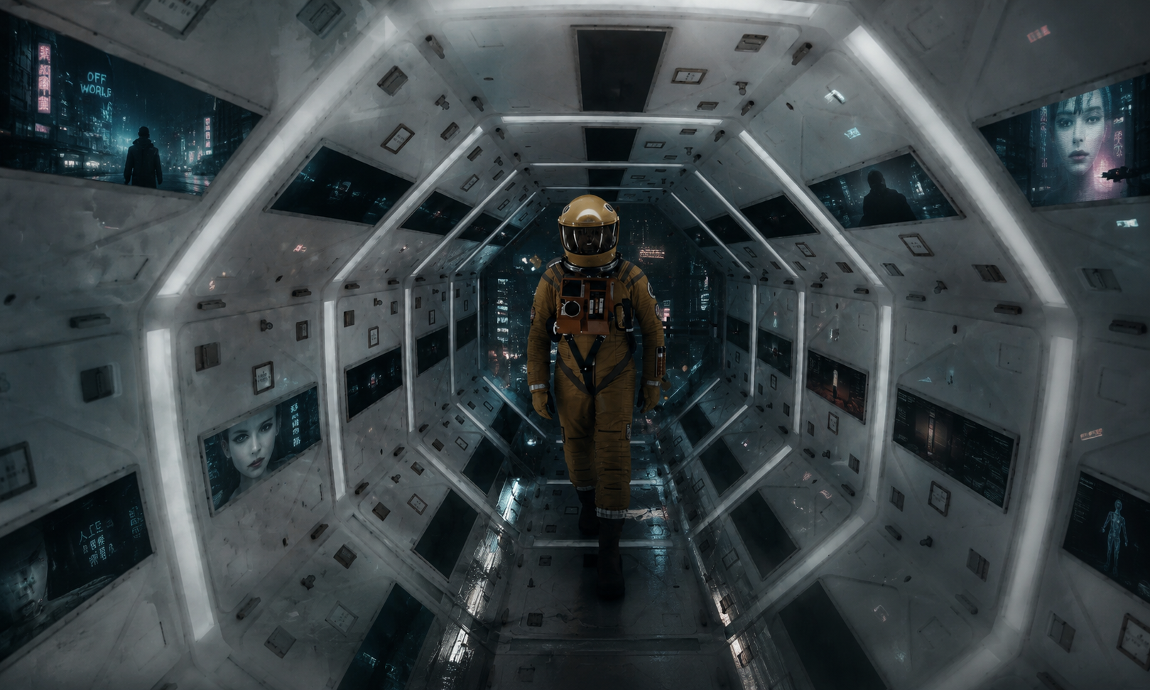 Astronaut in a yellow suit walks down a futuristic white corridor lined with screens showing neon city scenes.