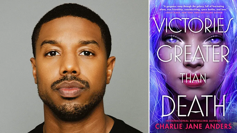 Portrait of a man with short hair and a trimmed beard against a gray background, looking at the camera (left panel). / Book cover shown on the right with purple tones and the title 'VICTORIES GREATER THAN DEATH'.