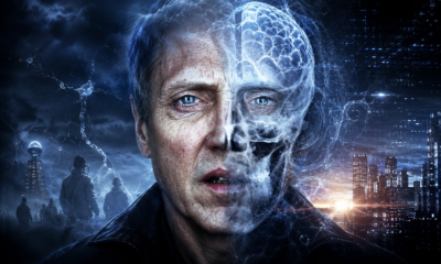 Two-faced image: a man's face on the left with a translucent skull overlay on the right, set against a futuristic city at dusk and stormy skies.