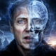 Two-faced image: a man's face on the left with a translucent skull overlay on the right, set against a futuristic city at dusk and stormy skies.