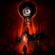 Silhouette of a person approaching a haunted, red-lit house beneath a giant keyhole with an eerie eye inside.