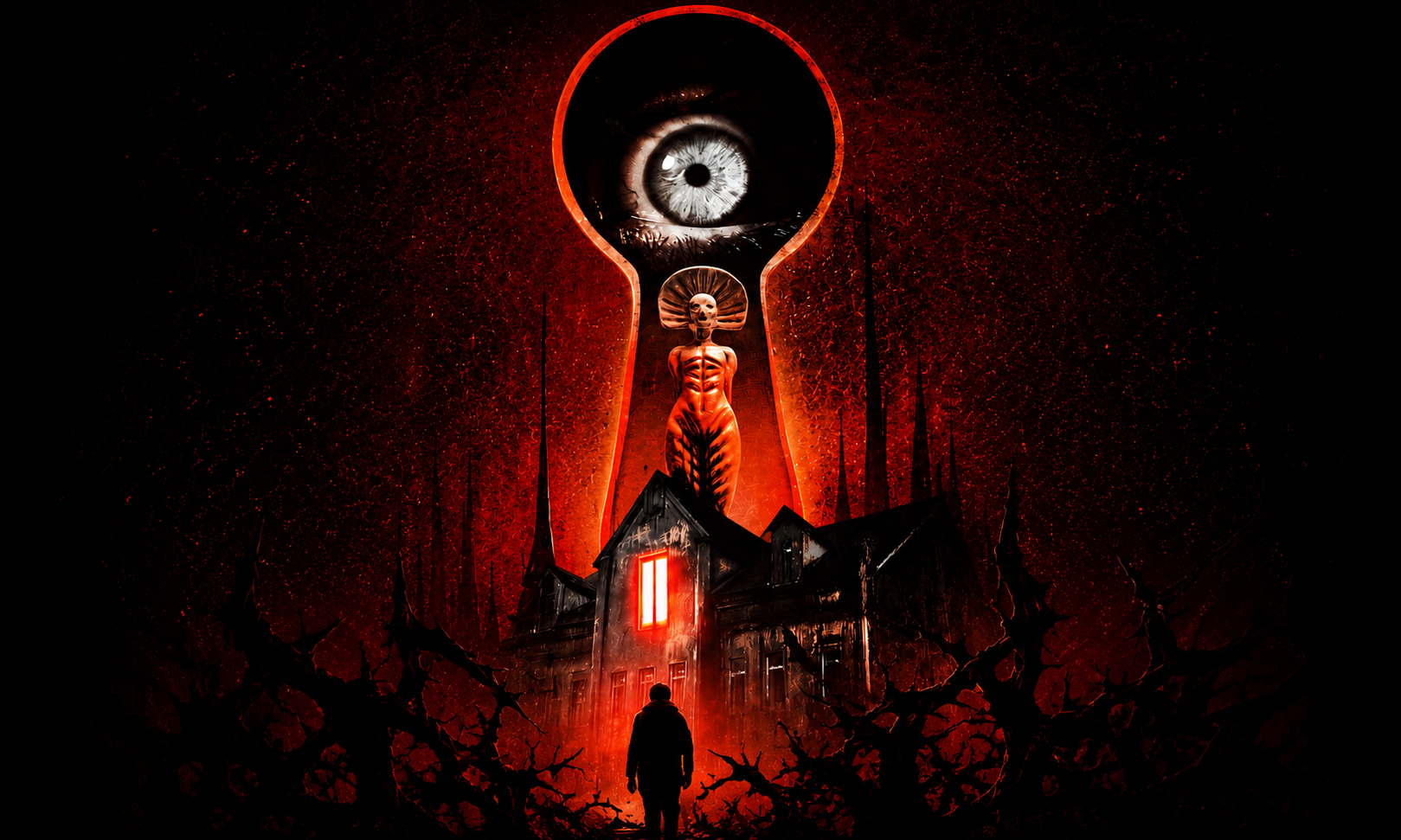 Silhouette of a person approaching a haunted, red-lit house beneath a giant keyhole with an eerie eye inside.