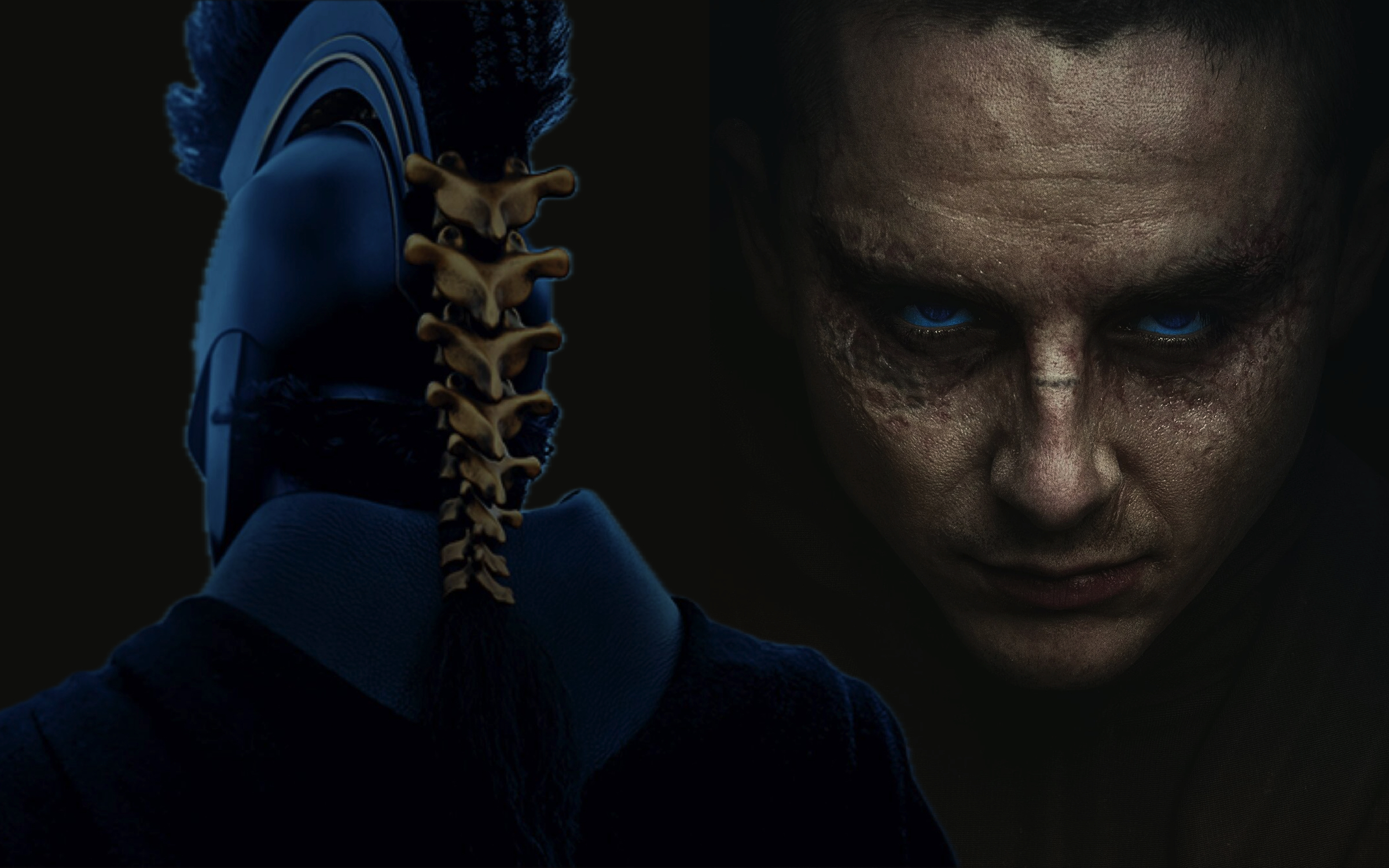 Split image: left side shows a blue-clad figure exposing a spine; right side shows a close-up of a dirty, sunken-faced man with blue eyes.