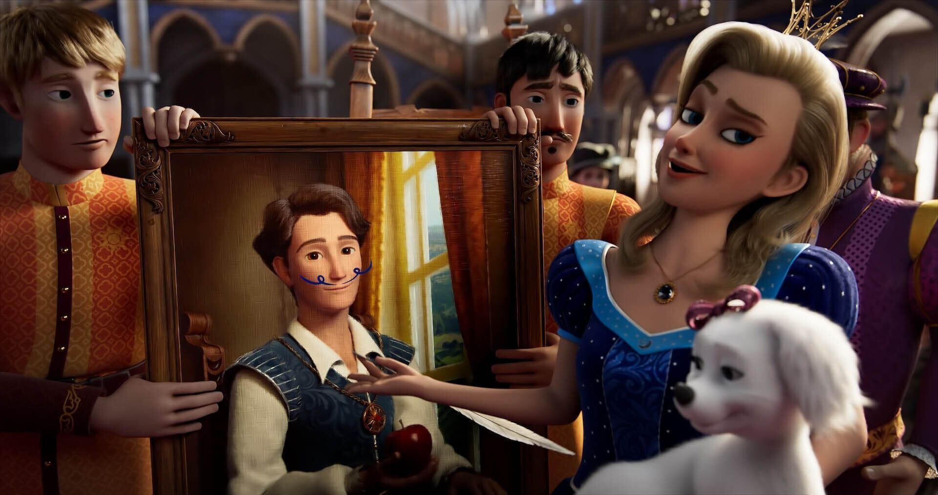 People in royal costumes frame a portrait of a smiling man with a blue mustache, as a blonde woman in a blue dress leans in.