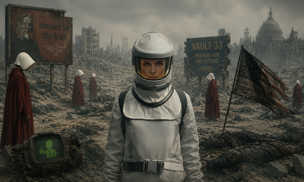 Woman in a silver space helmet stands in a ruined city, flanked by red-cloaked figures and a tattered American flag.