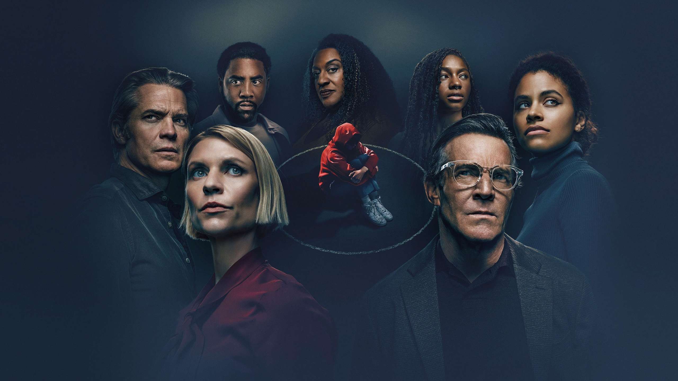 full-circle-pelne-kolo | film.org.pl Ensemble portrait of diverse adults against a dark blue backdrop, with a small child in red center, suggesting a thriller ensemble cast poster.