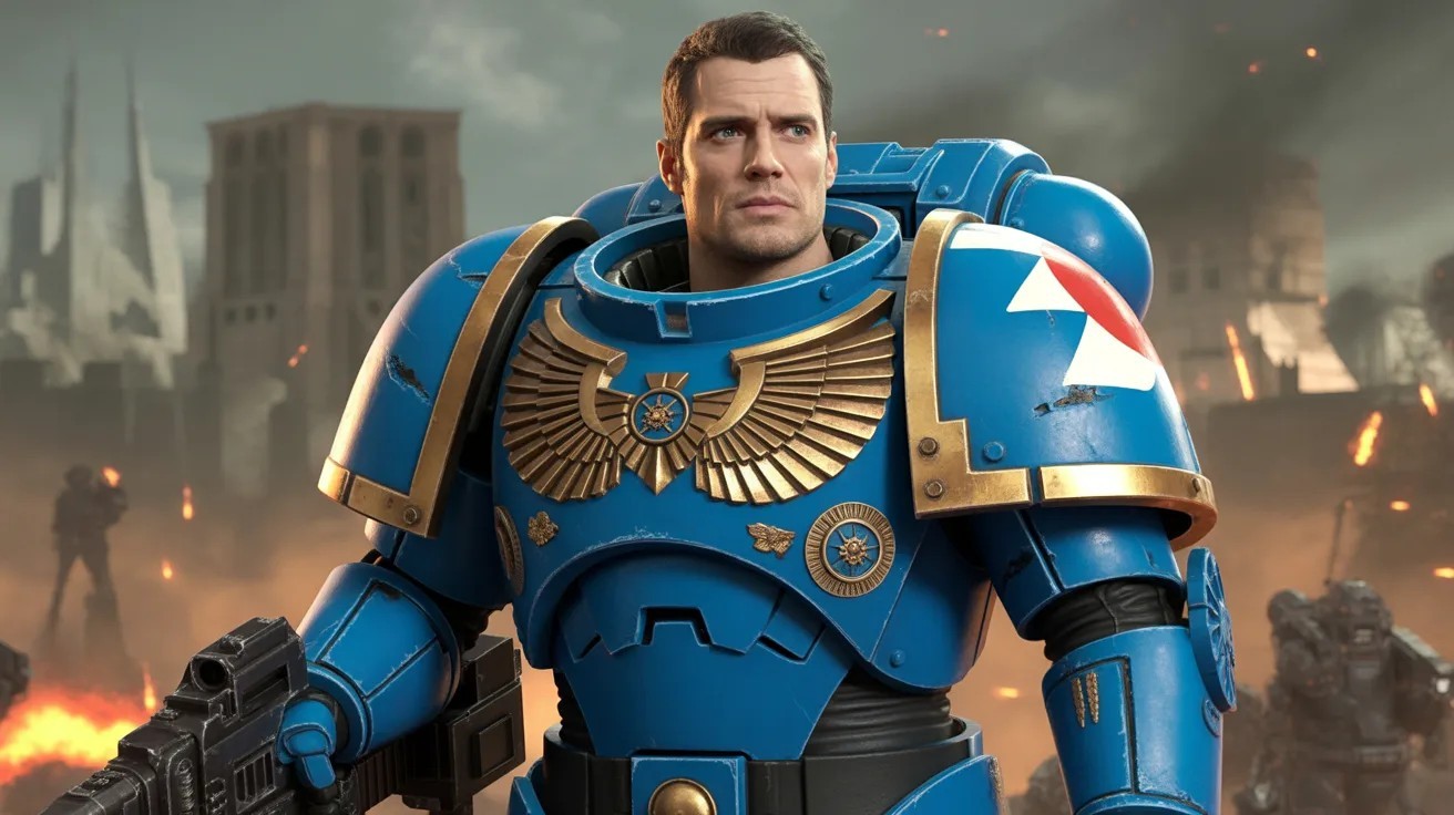 Blue power-armored Space Marine stands in a ruined battlefield, golden insignia gleaming on chest plate.