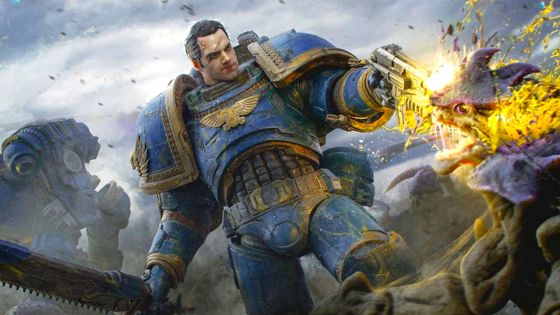 Blue-armored Space Marine fires a gun at a dragon-like creature amid a chaotic battlefield.