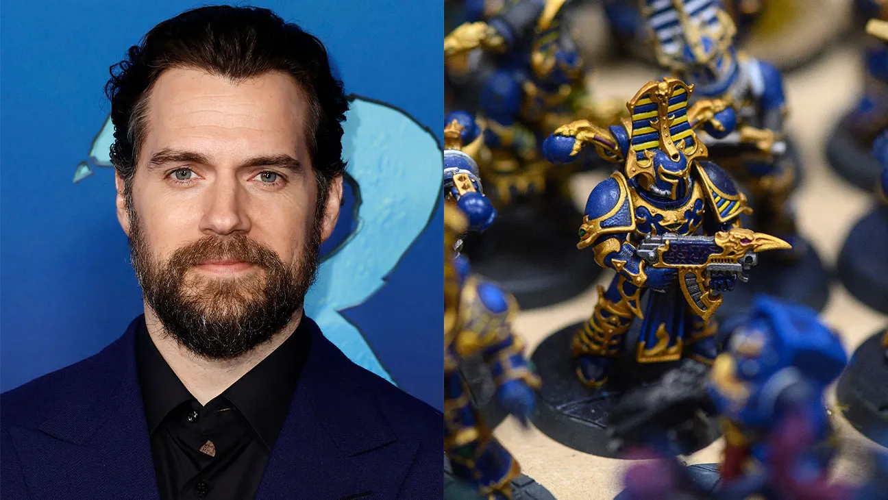Portrait of a man with dark hair and beard in a dark suit against a blue background (left side). Inset shows blue-and-gold armored miniatures for tabletop gaming (right side).