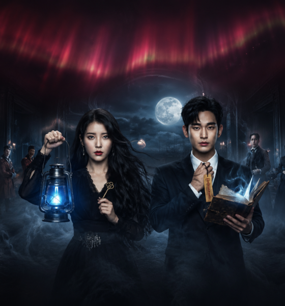 Two central figures—a woman with a blue lantern and a man with a glowing book—stand in a foggy, moonlit haunted room surrounded by ghostly figures.