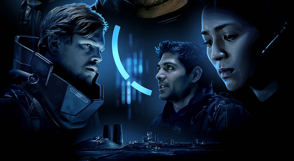 infini | film.org.pl Three astronauts in futuristic suits stand together in a blue-lit sci‑fi scene, with a battleship below in the distance.