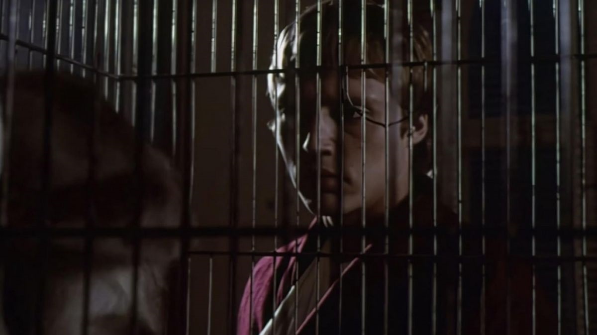 Person behind vertical metal bars in a dimly lit room, looking away with a pensive expression.