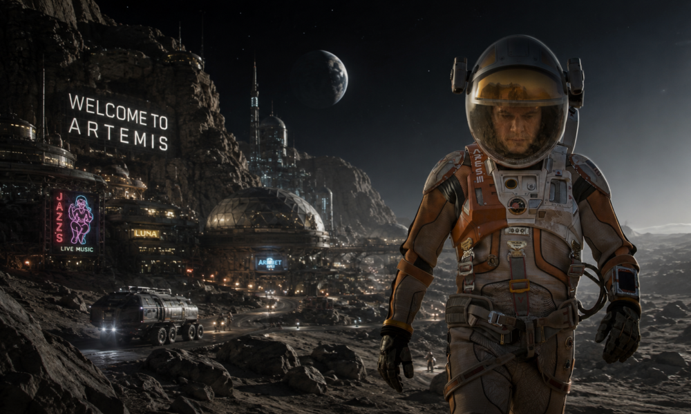 Astronaut in orange suit stands on a rocky lunar-like landscape with a futuristic city, neon signs, and Earth in the night sky. The sign says 'Welcome to Artemis.'