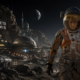 Astronaut in orange suit stands on a rocky lunar-like landscape with a futuristic city, neon signs, and Earth in the night sky. The sign says 'Welcome to Artemis.'