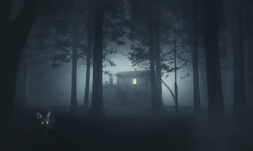 A lone cabin with a warm lit window in a misty, dark forest at night; a shadowy animal with glowing eyes lurks in the lower left.