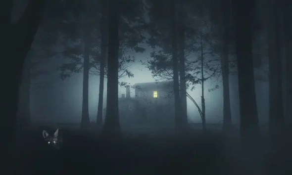 A lone cabin with a warm lit window in a misty, dark forest at night; a shadowy animal with glowing eyes lurks in the lower left.