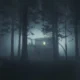 A lone cabin with a warm lit window in a misty, dark forest at night; a shadowy animal with glowing eyes lurks in the lower left.