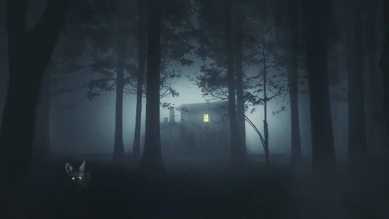 A lone cabin with a warm lit window in a misty, dark forest at night; a shadowy animal with glowing eyes lurks in the lower left.